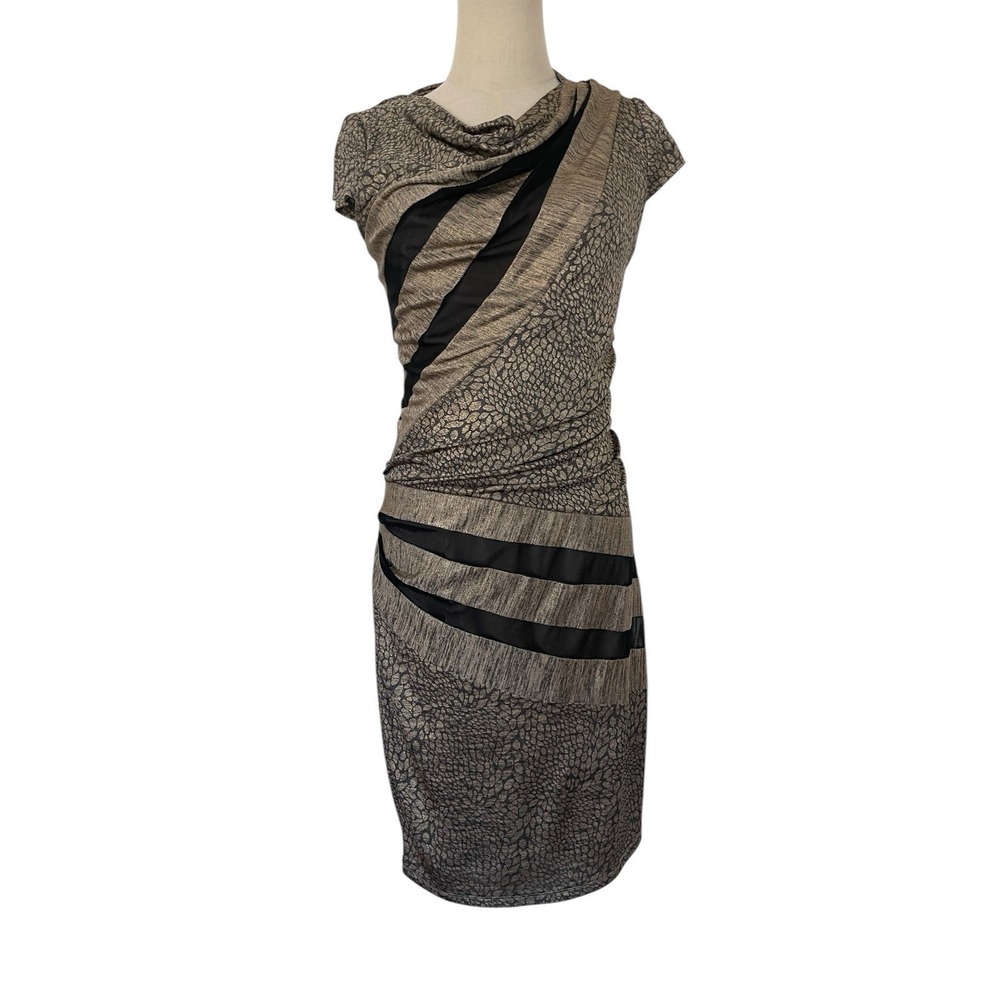 Betsey Johnson Metallic Gold Black Mesh Bodycon‎ Shirred Sheath Dress Size 6